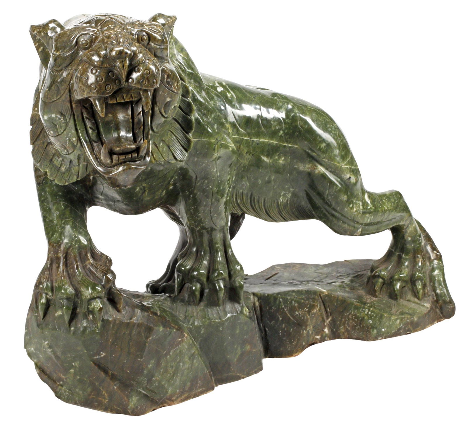 LARGE CHINESE CARVED GREEN HARDSTONE TIGER SCULPTURE, 28"H (1 of 5)