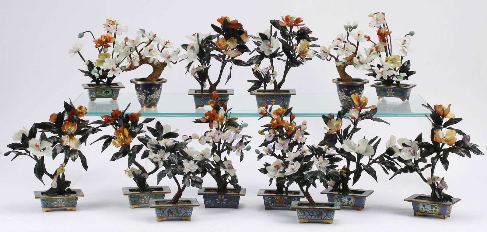 (14) CHINESE HARDSTONE FLOWERING TREES IN CLOISONNE PLANTERS (1 of 6)