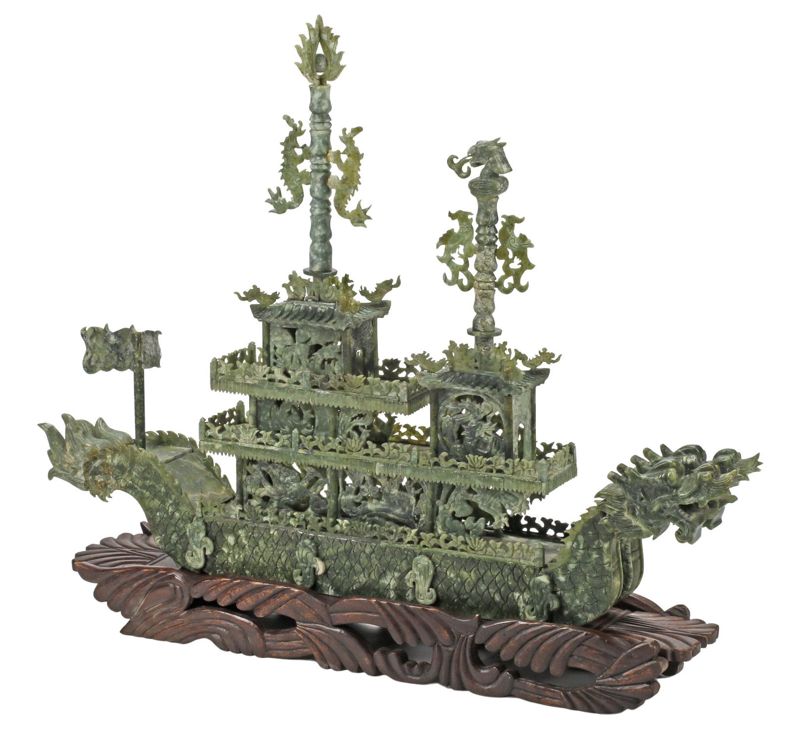 LARGE CHINESE CARVED GREEN HARDSTONE MODEL OF A DRAGON BOAT ON STAND (1 of 6)