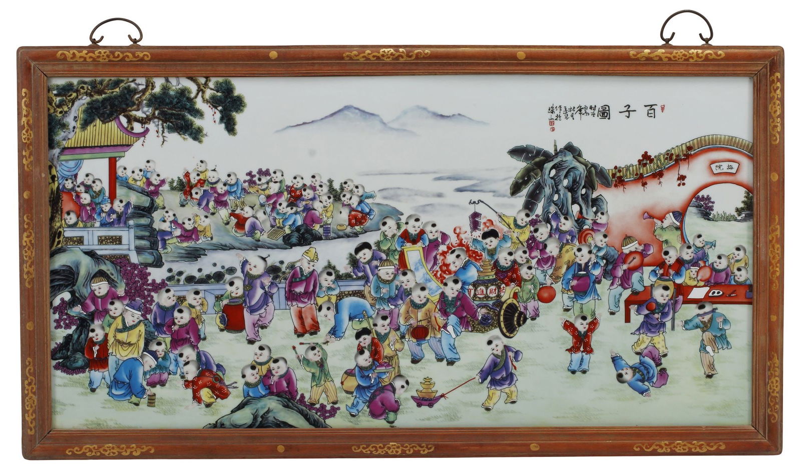 LARGE CHINESE FRAMED PORCELAIN PLAQUE, '100 CHILDREN' LEGEND, 47"W (1 of 6)