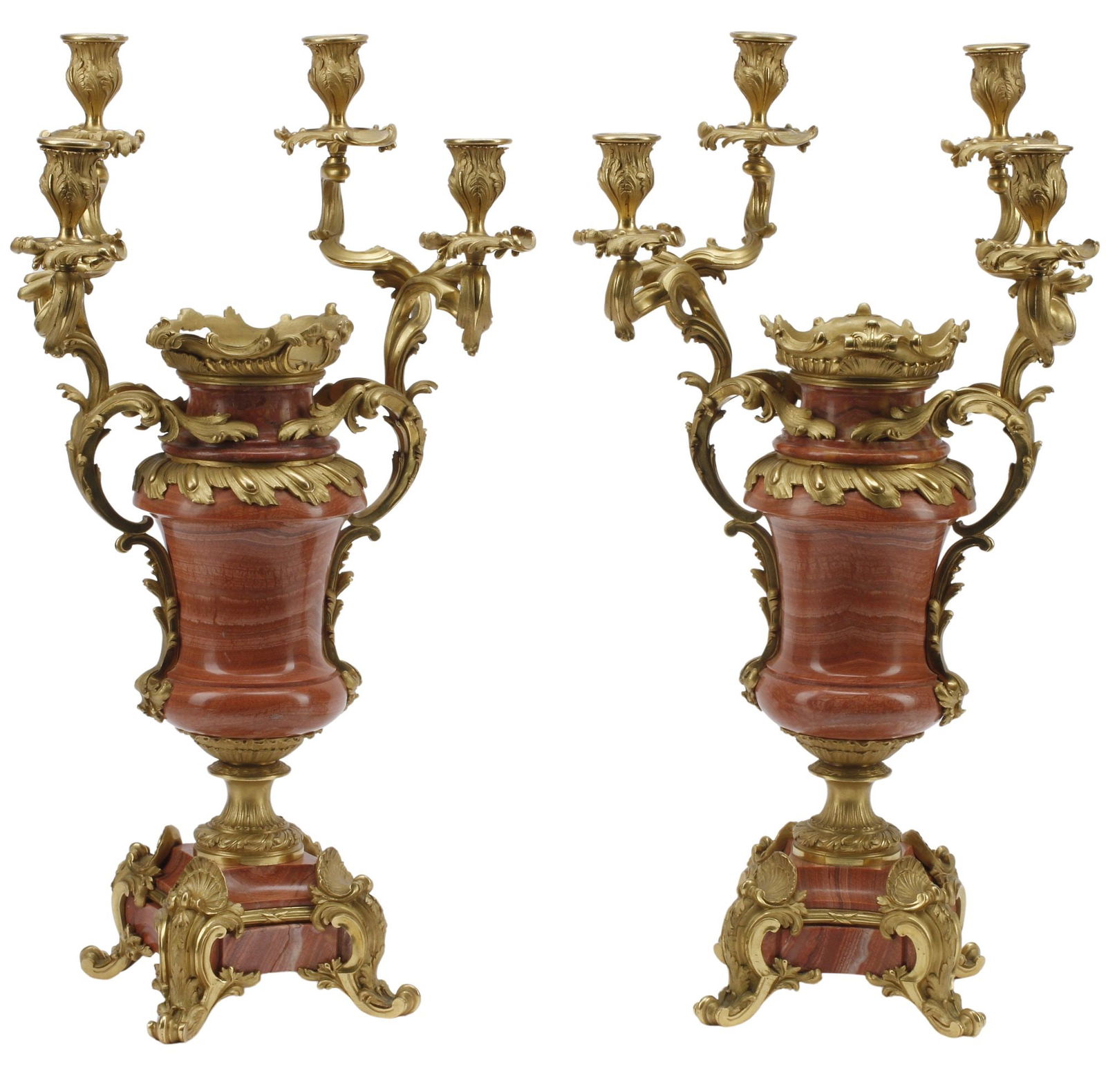 (2) FRENCH LOUIS XV STYLE ORMOLU-MOUNTED MARBLE 4-LT CANDELABRA (1 of 5)