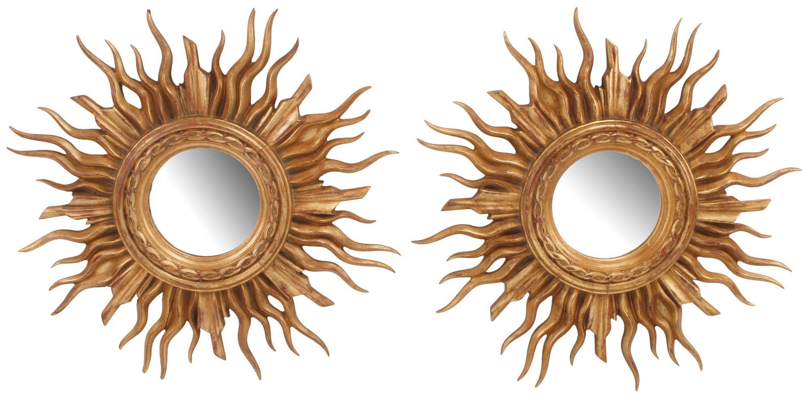 (2) GILTWOOD SUNBURST WALL MIRRORS, 36"DIAM: (pair) Large giltwood sunburst wall mirrors, each having circular frame with radiating rays, encasing beveled mirror plate, approx 36"diam, 32lbs total