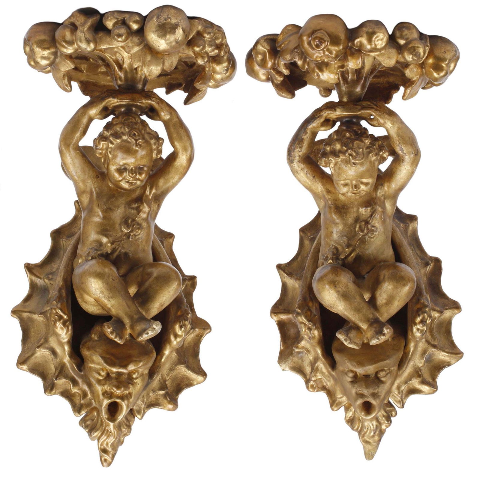 (2) ITALIAN GROTTO STYLE CARVED & GILT FIGURAL PUTTO WALL BRACKETS (1 of 5)