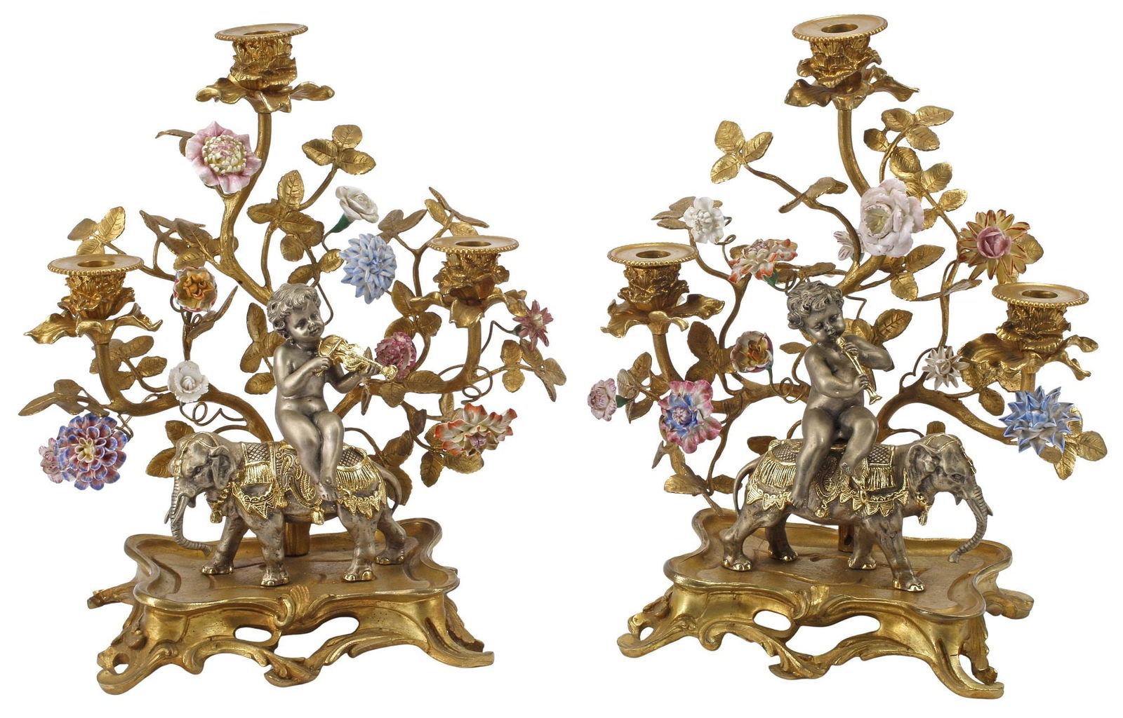 (2) MEISSEN STYLE PORCELAIN & ORMOLU FIGURAL ELEPHANT 3-LT CANDELABRA (1 of 6)