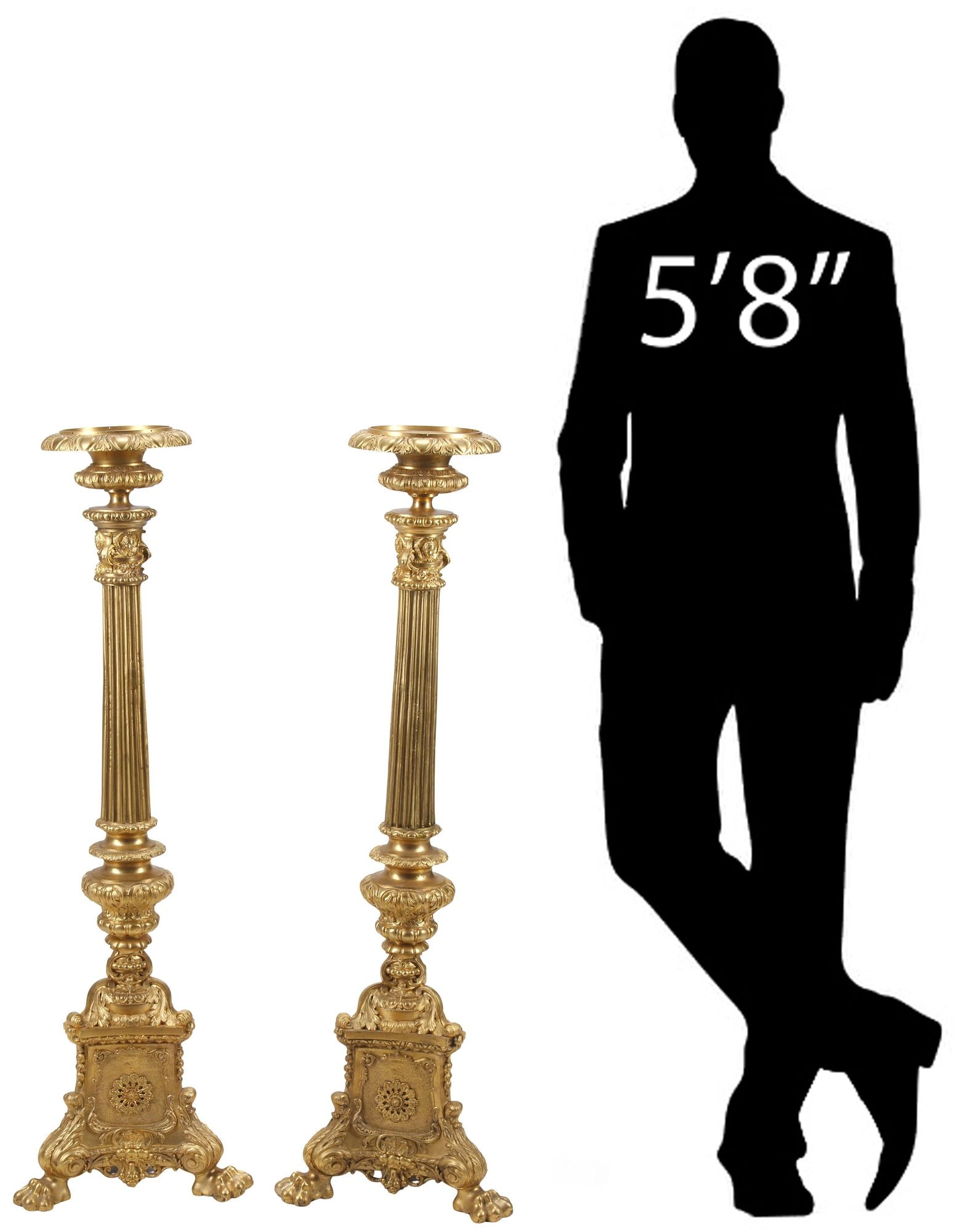 (2) LOUIS XVI STYLE ORMOLU FLOOR CANDLESTICKS WITH FRENCH INSCRIPTION, 45"H: (pair) Large Louis XVI style bronze dore floor candlesticks, 19th c., each having flared bobeche, bearing inscription "Donne a l'eglise de Forest en 1852 par M. Ant. Lefebvre, proprietaire a Forest (D