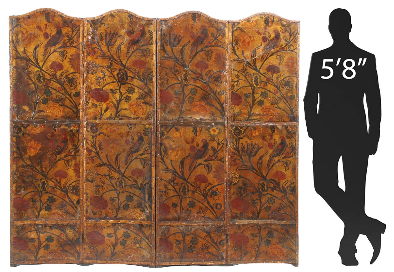 SPANISH STYLE PAINTED & EMBOSSED LEATHER 4-PANEL SCREEN, 67"H (1 of 6)