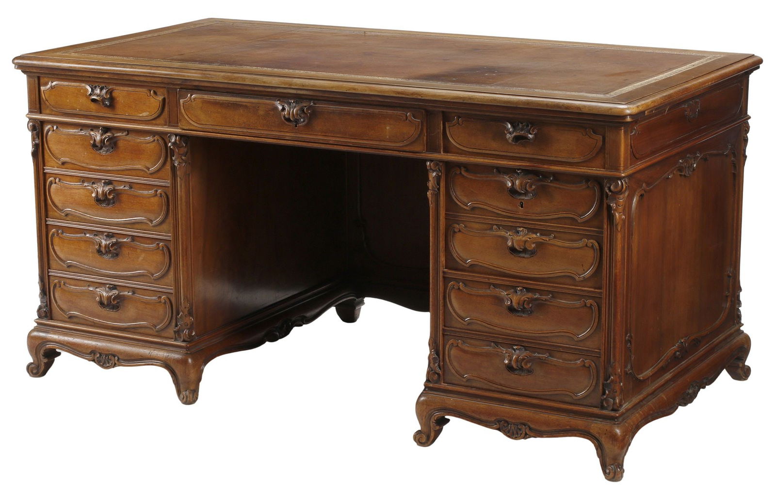 LOUIS XV STYLE LEATHER-TOP CARVED WALNUT PARTNERS PEDESTAL DESK (1 of 8)