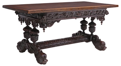 FRENCH HENRI II STYLE CARVED OAK WRITING OR LIBRARY TABLE