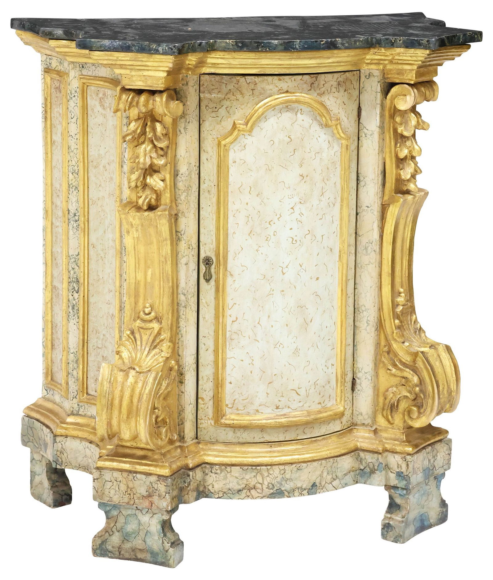 VENETIAN PAINT DECORATED MARBLE-TOP PARCEL GILT CONSOLE CABINET (1 of 5)
