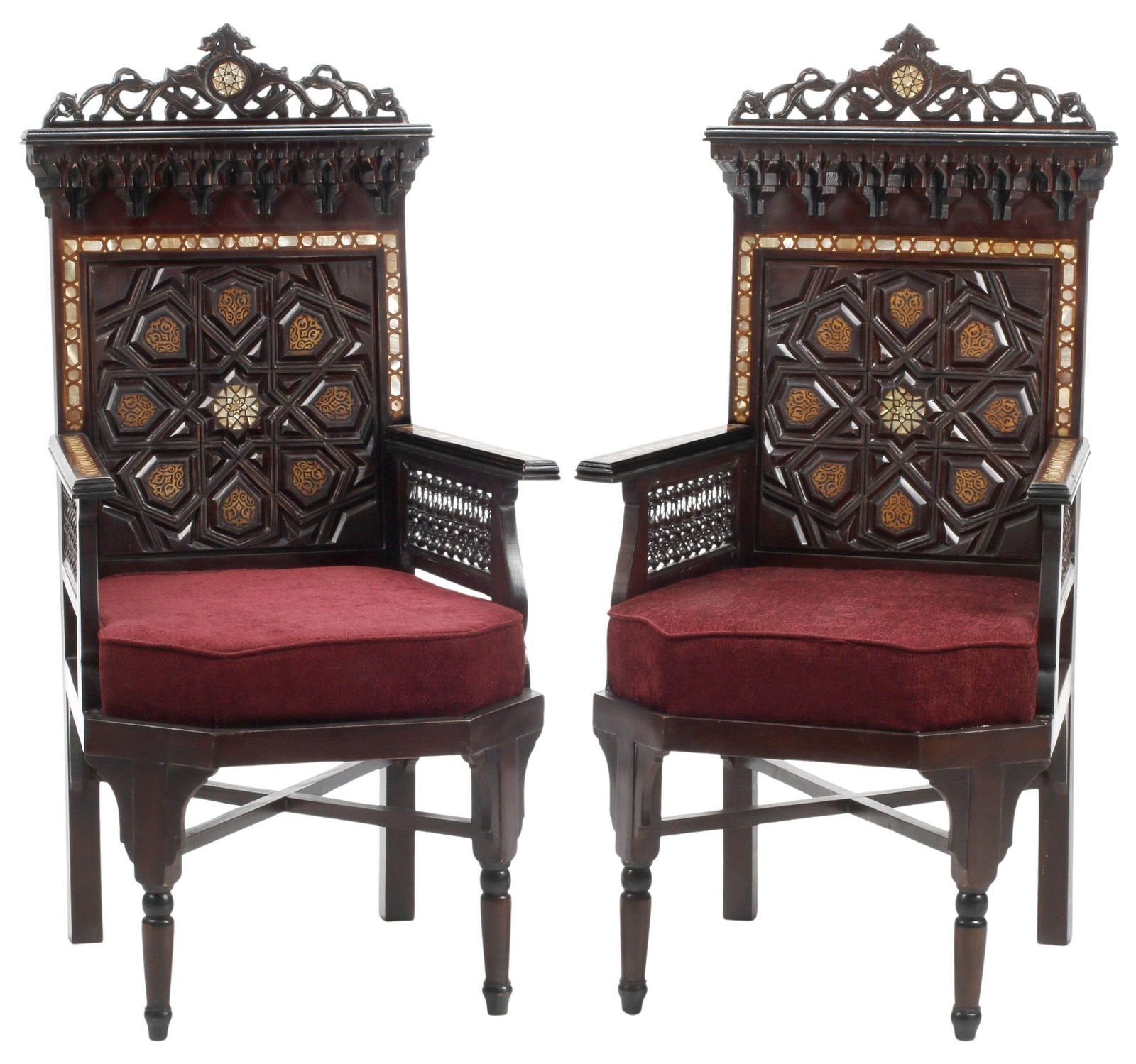 (2) MOORISH STYLE SHELL-INLAID & UPHOLSTERED ARMCHAIRS (1 of 7)
