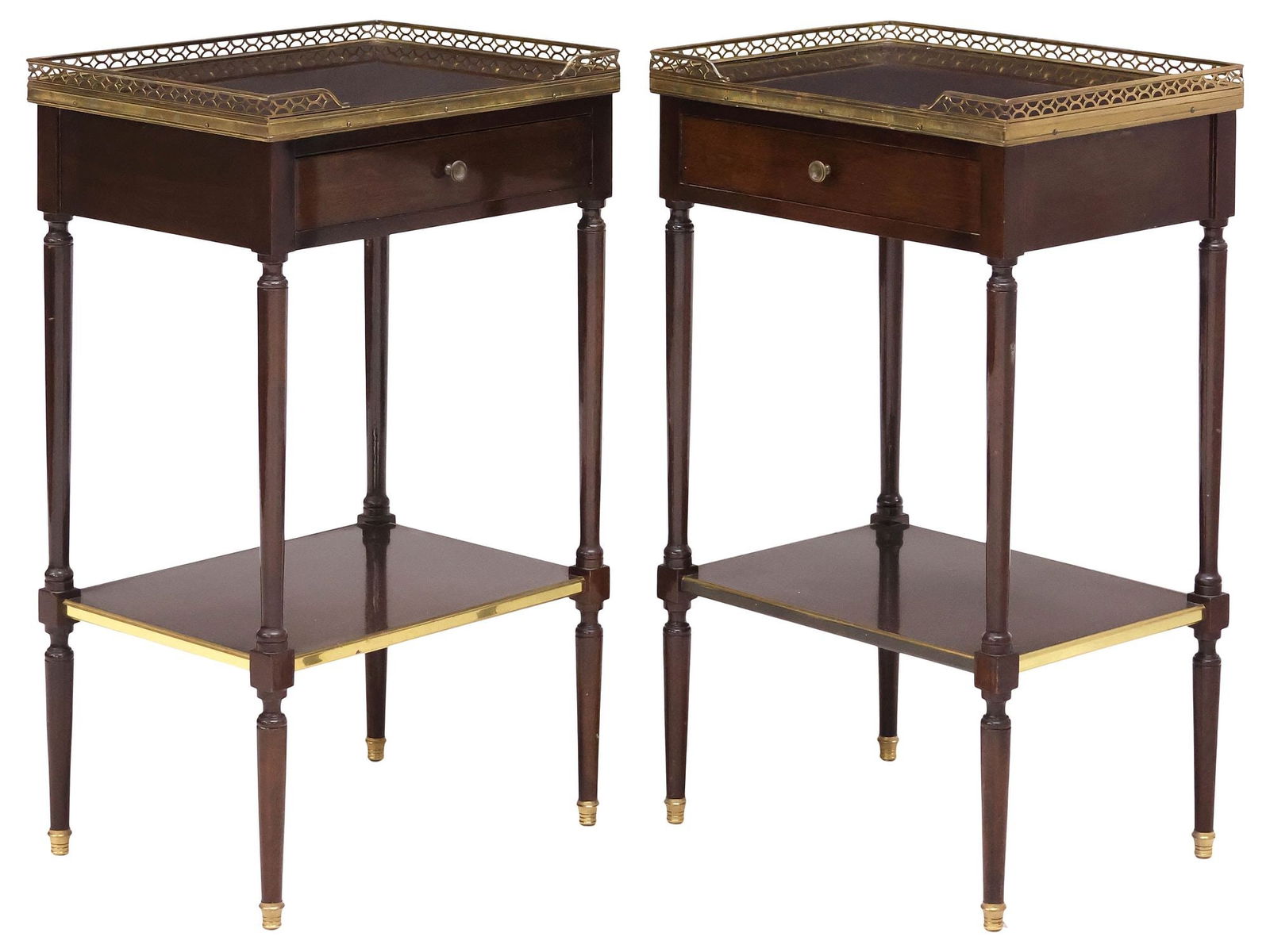 (2) FRENCH LOUIS XVI STYLE MAHOGANY NIGHTSTANDS: (pair) Louis XVI style mahogany nightstands, 20th c., having rectangular tops with pierced gilt-metal three-quarter gallery, over single drawer, rising on tapering fluted legs, joined by medial shelf,