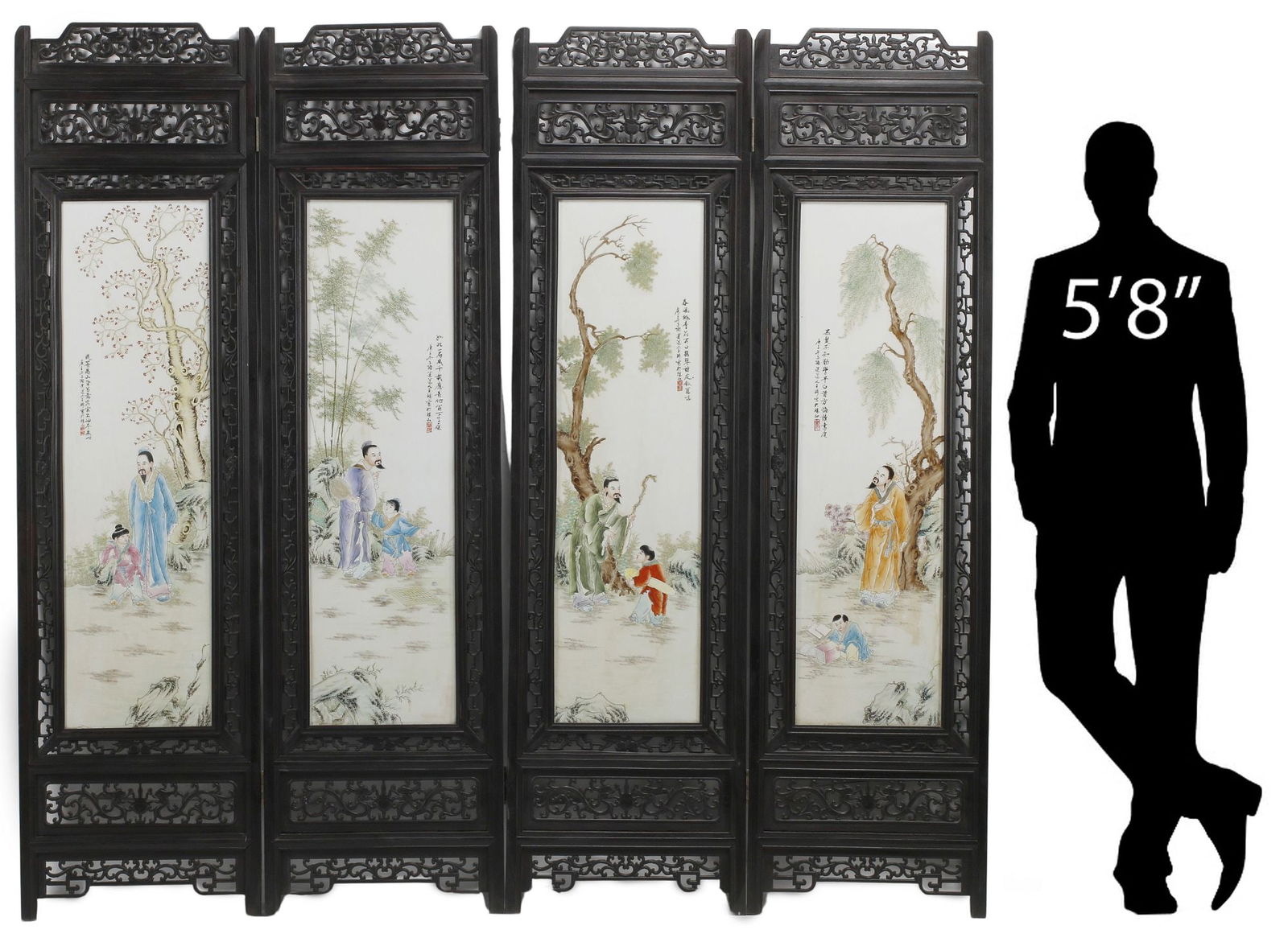 CHINESE PORCELAIN-INSET FOUR-PANEL FLOOR SCREEN, 74"H (1 of 7)