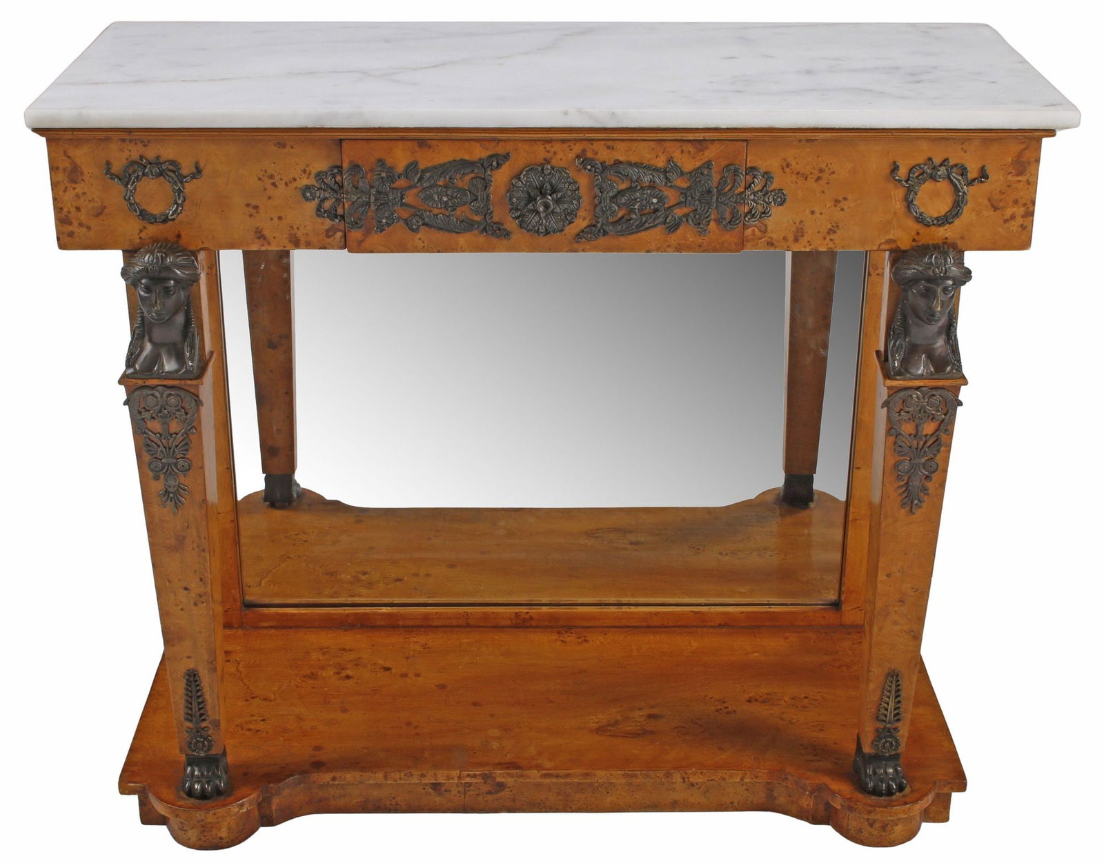 EMPIRE STYLE MARBLE-TOP & BRONZE-MOUNTED BURLWOOD CONSOLE TABLE (1 of 7)