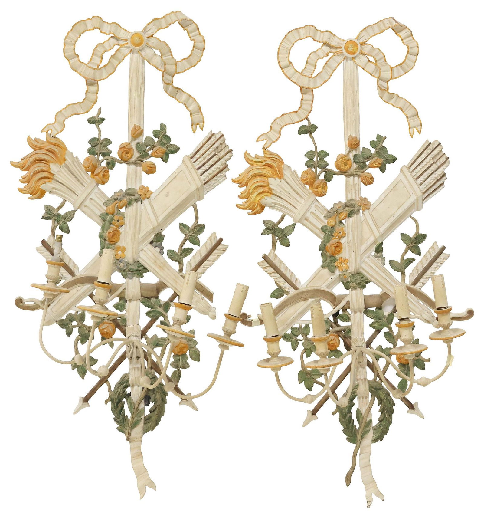 (2) LARGE FRENCH LOUIS XVI STYLE PAINTED 4-LIGHT WALL SCONCES, 43"H (1 of 3)