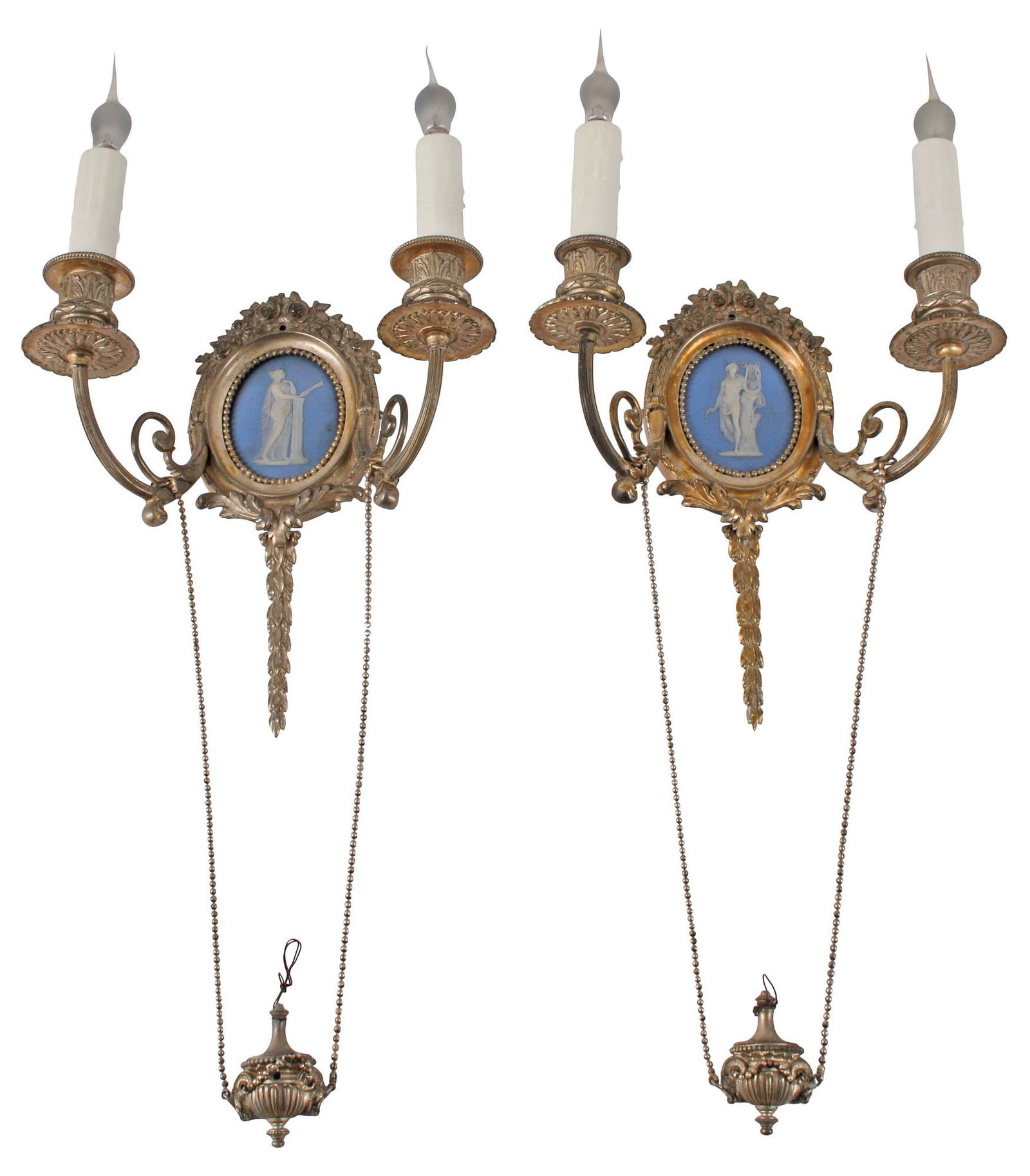 (2) NEOCLASSICAL STYLE GILT METAL & JASPERWARE 2-LIGHT WALL SCONCES (1 of 5)
