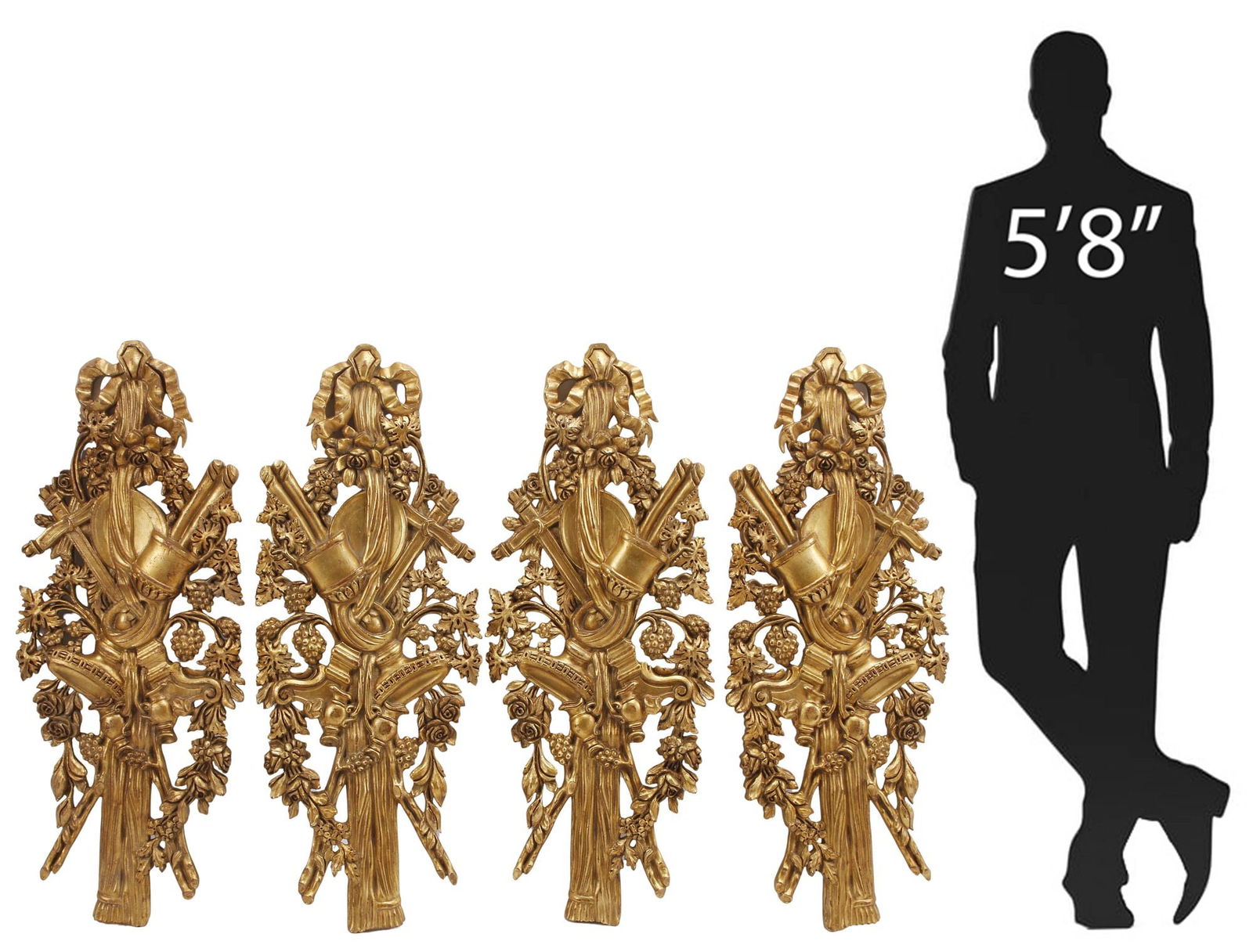 (4) LOUIS XVI STYLE GILTWOOD MUSICAL TROPHIES, 43"H: (lot of 4) Louis XVI style giltwood wall trophies, each having ribbon crest, over foliate vines and instrument motifs, approx 43"h, 17"w