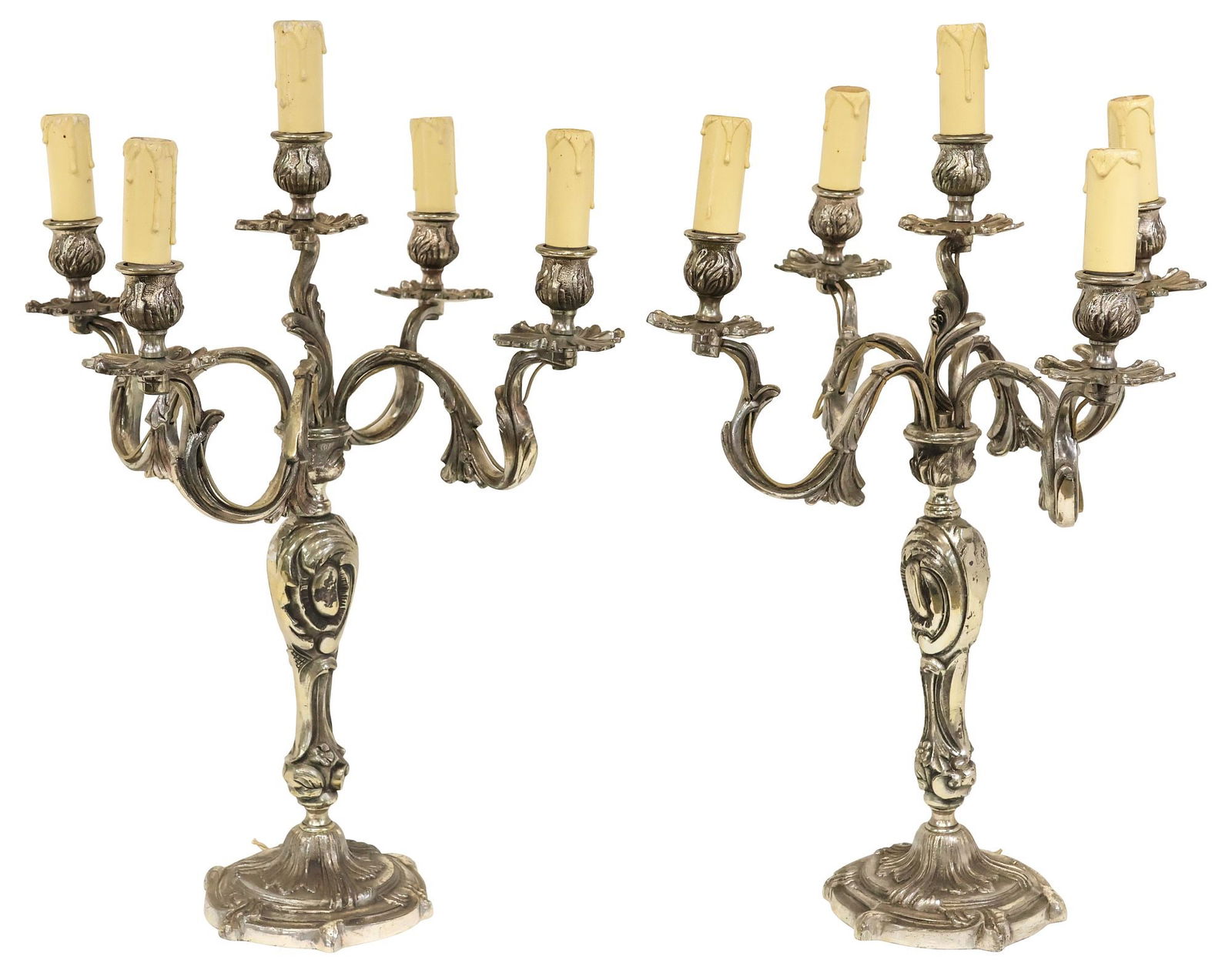 (2) FRENCH LOUIS XV STYLE SILVERERED METAL 5-LIGHT CANDELABRA (1 of 3)