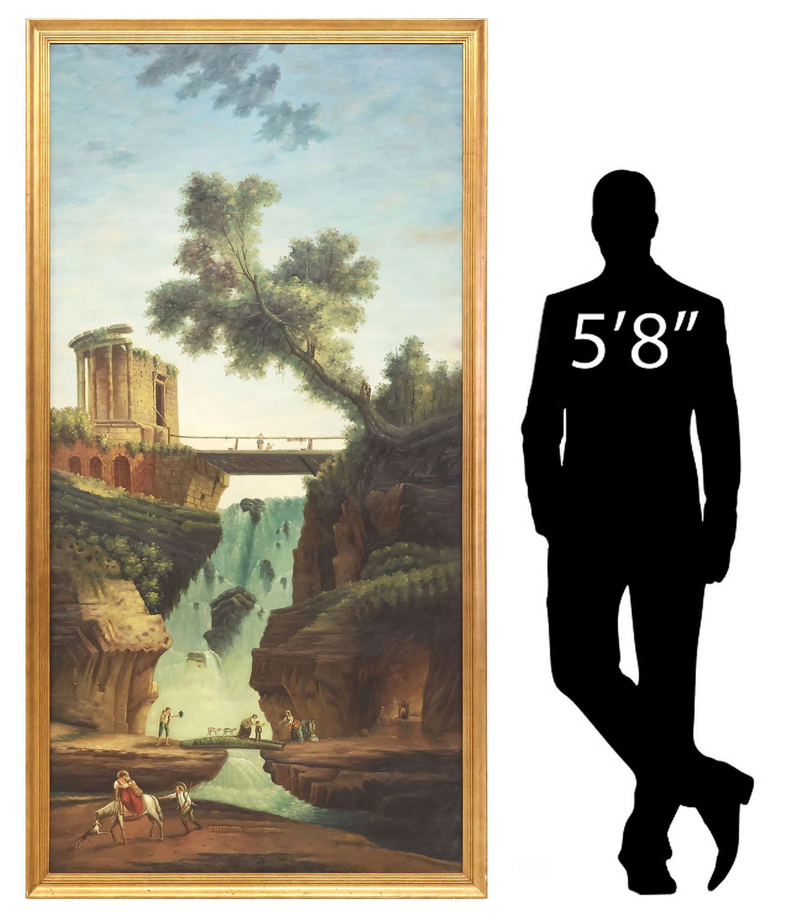 AFTER HUBERT ROBERT (1733-1808) LANDSCAPE WITH WATERFALL PAINTING, 79" X 40": Framed oil on canvas painting, Landscape with Waterfall and Architectural Ruins, after the original by Hubert Robert (French, 1733-1808), apparently unsigned, relined, sight: approx 77.5"h,