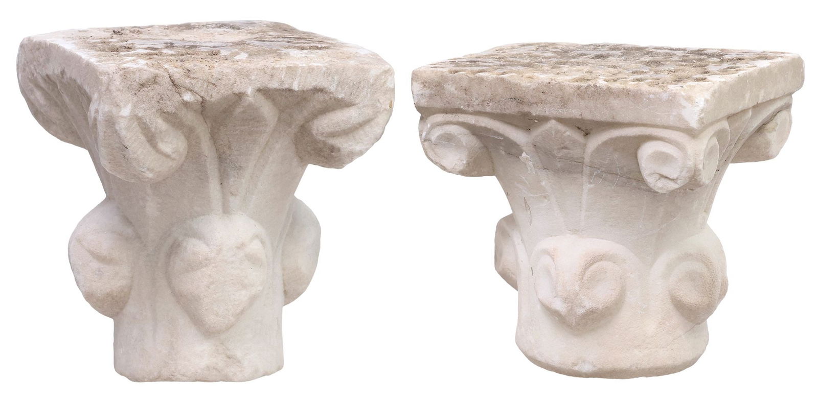 (2) ROMANESQUE STYLE CARVED MARBLE SCROLLED CAPITALS (1 of 7)