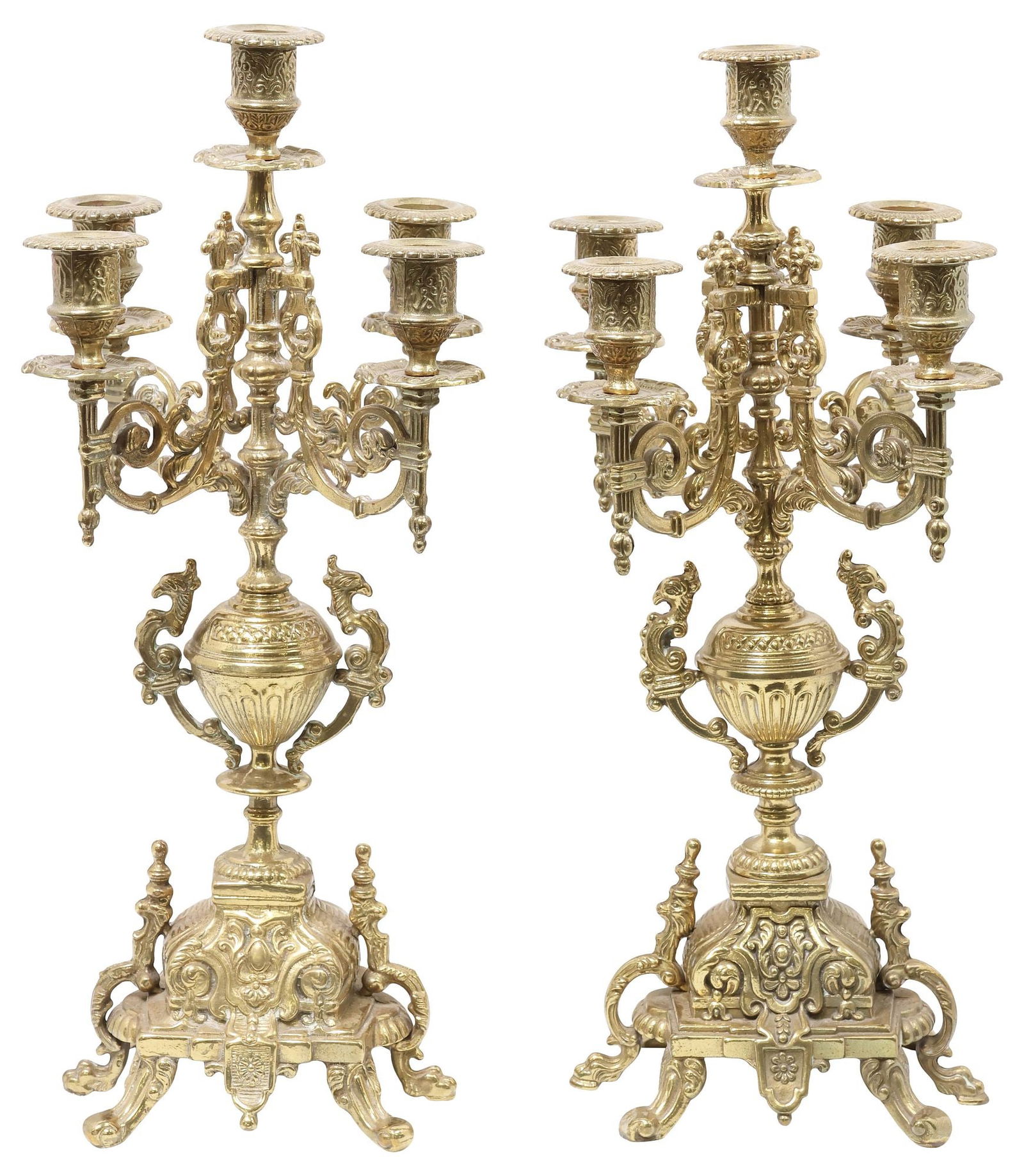 (2) ITALIAN BREVETTATO LOUIS XVI STYLE GILT BRASS 5-LIGHT CANDELABRA (1 of 6)