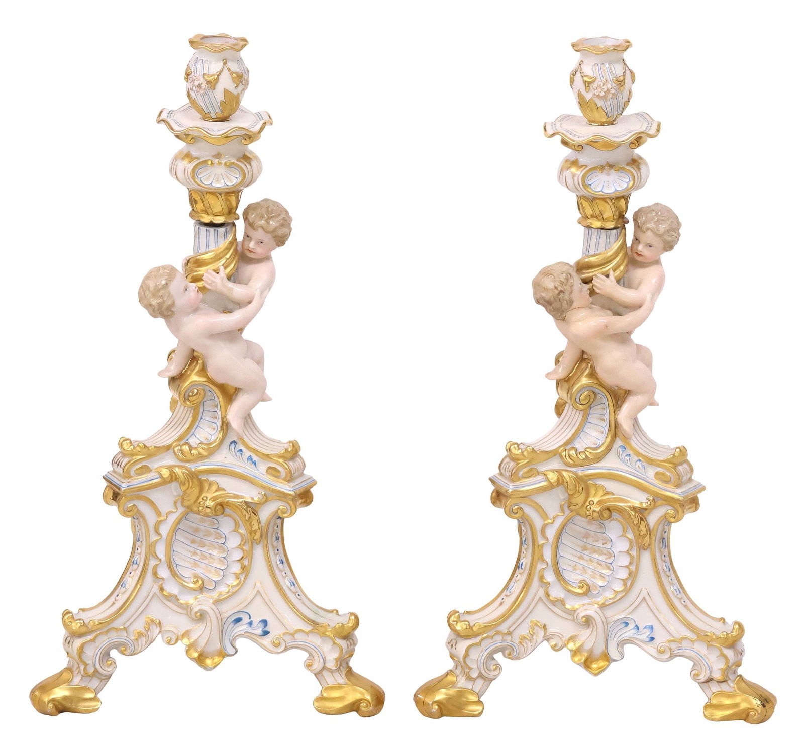 (2) MEISSEN STYLE PARCEL-GILT PORCELAIN FIGURAL PUTTI CANDLESTICKS (1 of 5)