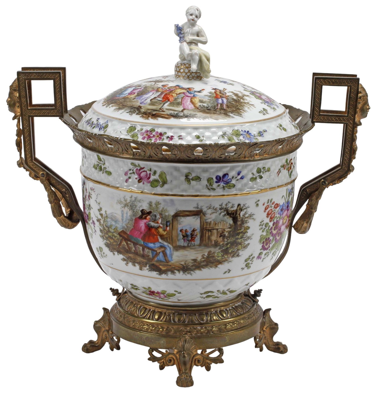 MEISSEN STYLE GILT METAL-MOUNTED PORCELAIN CENTERPIECE URN & COVER (1 of 10)