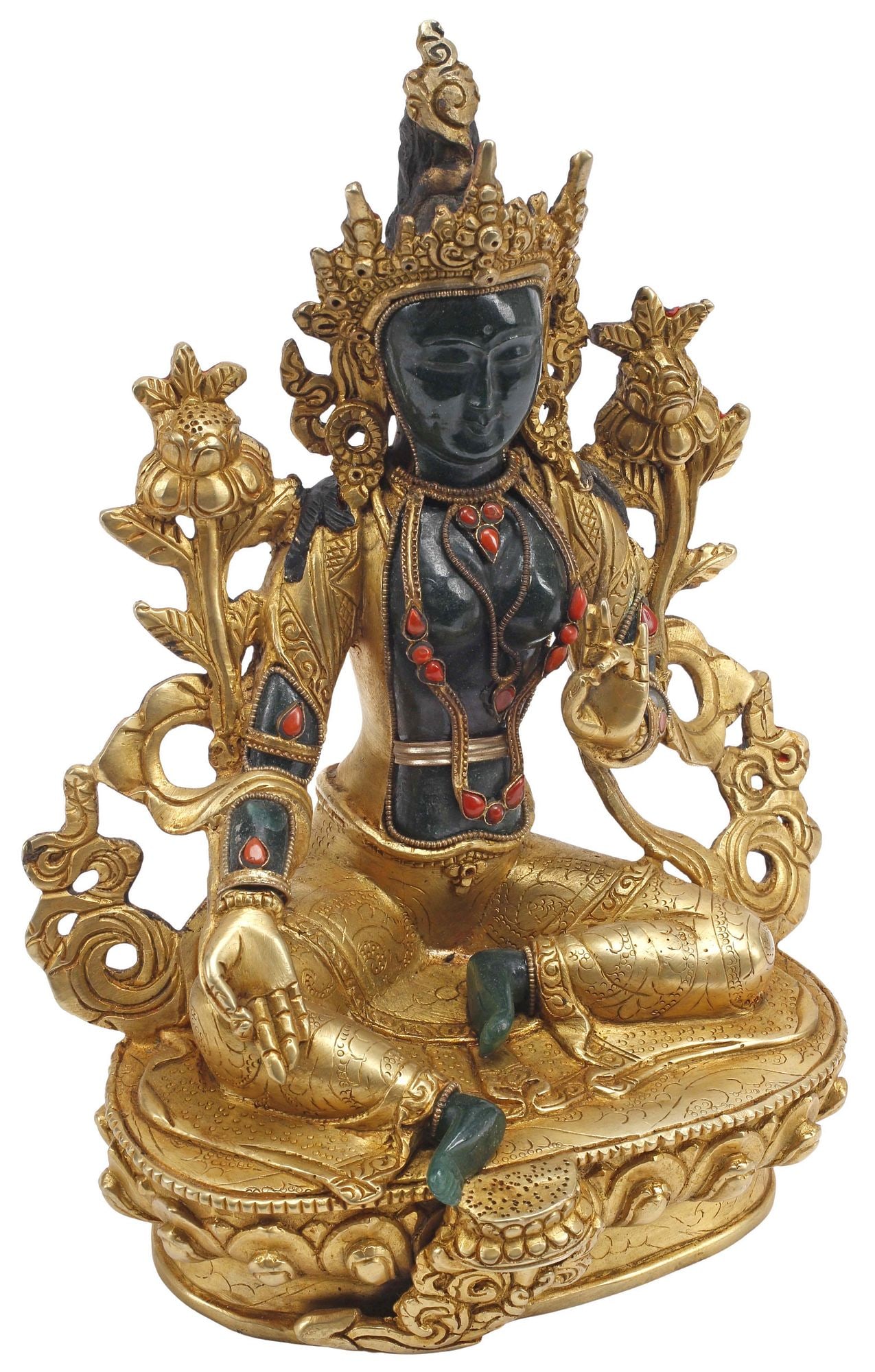 JEWELED JADE & GILT BRONZE DEITY FIGURE, SEATED TARA (1 of 4)
