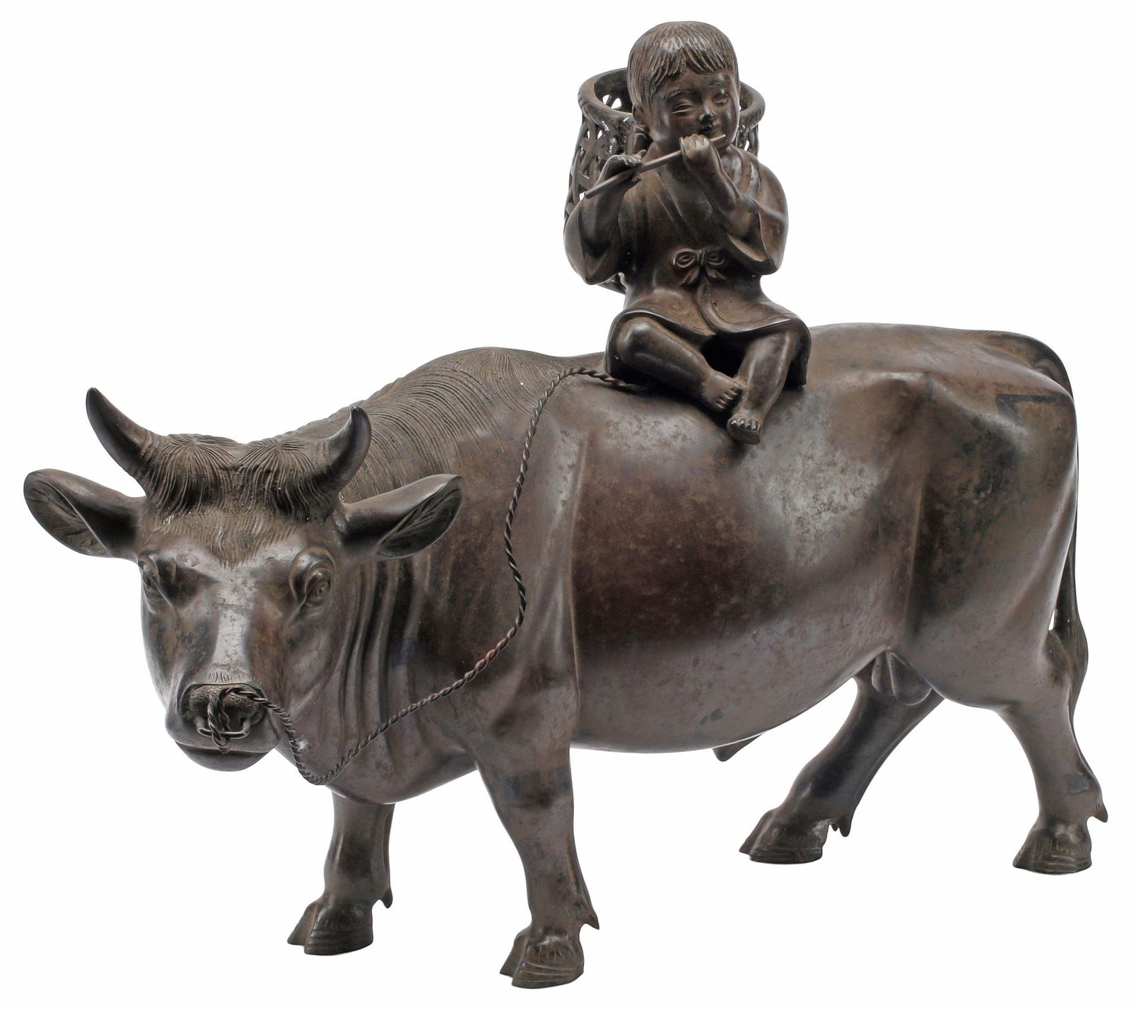 LARGE JAPANESE PATINATED BRONZE SCULPTURE, CHILD RIDING BULL (1 of 4)