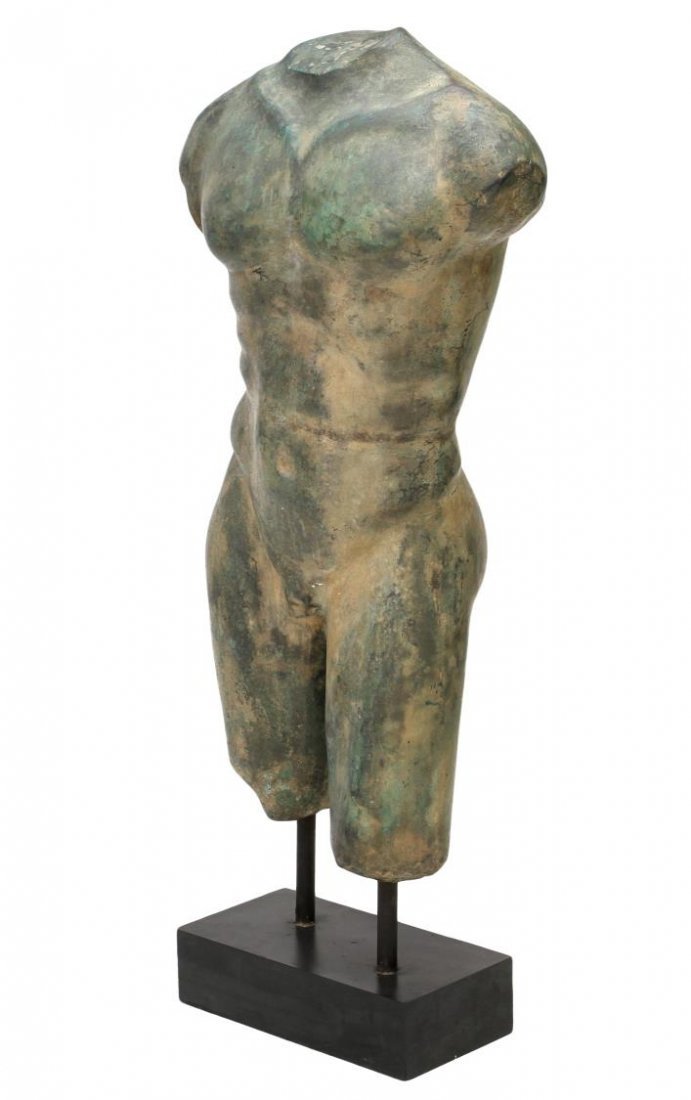LARGE VERDE PATINATED BRONZE, NUDE MALE TORSO: Large verde patinated bronze figural bust modeled as a nude male torso in the classical style, unsigned, rising on wood base, figure: approx 29.75"h, 15"w, overall: approx 37"h, 17"w, 46.5lbs Start Pr