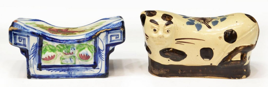 (2) CHINESE FIGURAL & BLUE UNDERGLAZE PILLOWS: (lot of 2) Chinese ceramic pillows, comprising: (1) Cizhou style ceramic pillow, in the form a cat with brown spots, and blue foliates, seal underfoot as pictured, 5.5"h, 10.25"w, 4.5"d; (1) blue and 