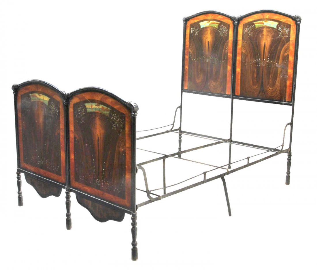 VICTORIAN GRAIN PAINTED & INLAID IRON METAL BED: Victorian inlaid and painted bed, 19th c., iron and metal frame thoroughly decorated with painted grain detail and inlaid abalone shell, the top of each reserved with waterside landscape scene, confor