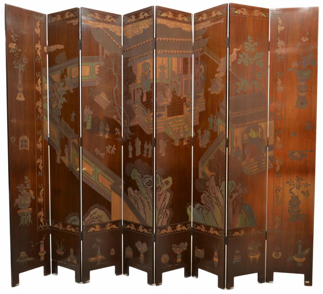 LARGE CHINESE EIGHT-PANEL LACQUERED FOLDING SCREEN: Chinese lacquered eight-panel folding screen, continuous polychrome scene of figures and structural landscape scattered with auspicious symbols, reversed by blooming branches and birds, panels joined 