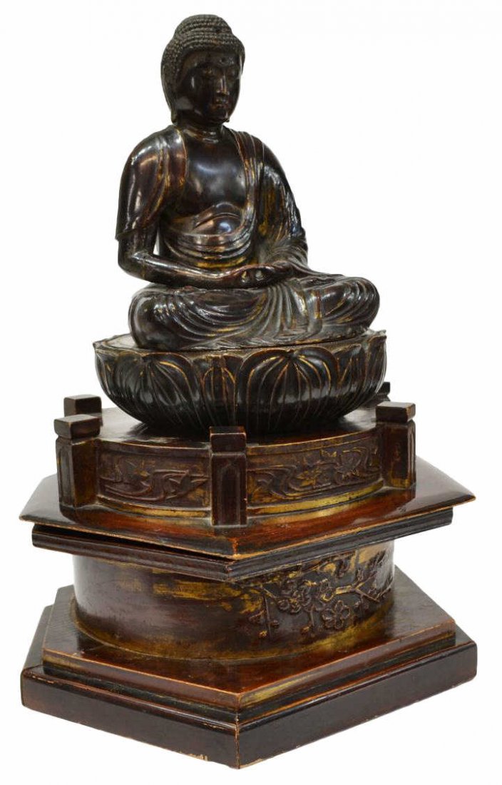 LARGE GILT LACQUERED WOOD FIGURE OF BUDDHA: Japanese gilt lacquered wood Buddhist figure of Amida Butsu, seated on a separately tiered plinth, losses, wear with age, lacking mandorla, 23"h, 16.5"w, 17.25"d, 10.25lbs Start Price: $300.00
