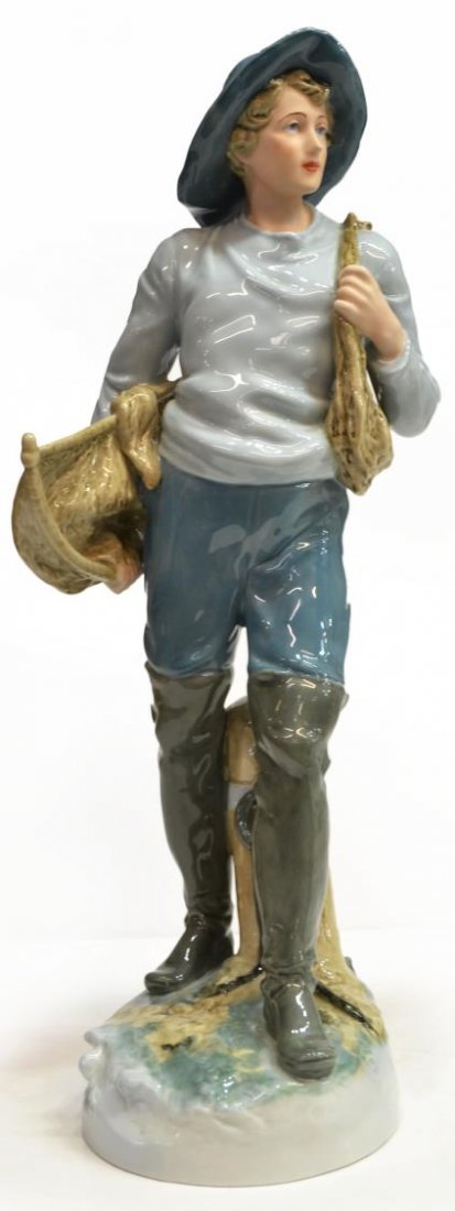 LARGE ROYAL DUX PORCELAIN FIGURE, YOUNG FISHERMAN: Large Royal Dux porcelain figure, late 20th c., modeled as a young fisherman gazing into the distance, mark as pictured, 21.5"h, 6.75lbs Start Price: $100.00