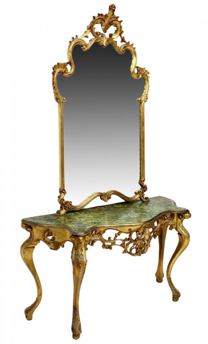 LOUIS XV STYLE GILTWOOD MIRROR & CONSOLE TABLE: French Louis XV style giltwood mirrored console, early 20th c., the large mirror enclosed by a pierced scrolled foliate frame, conforming console base on cariole supports, painted faux marble top, con
