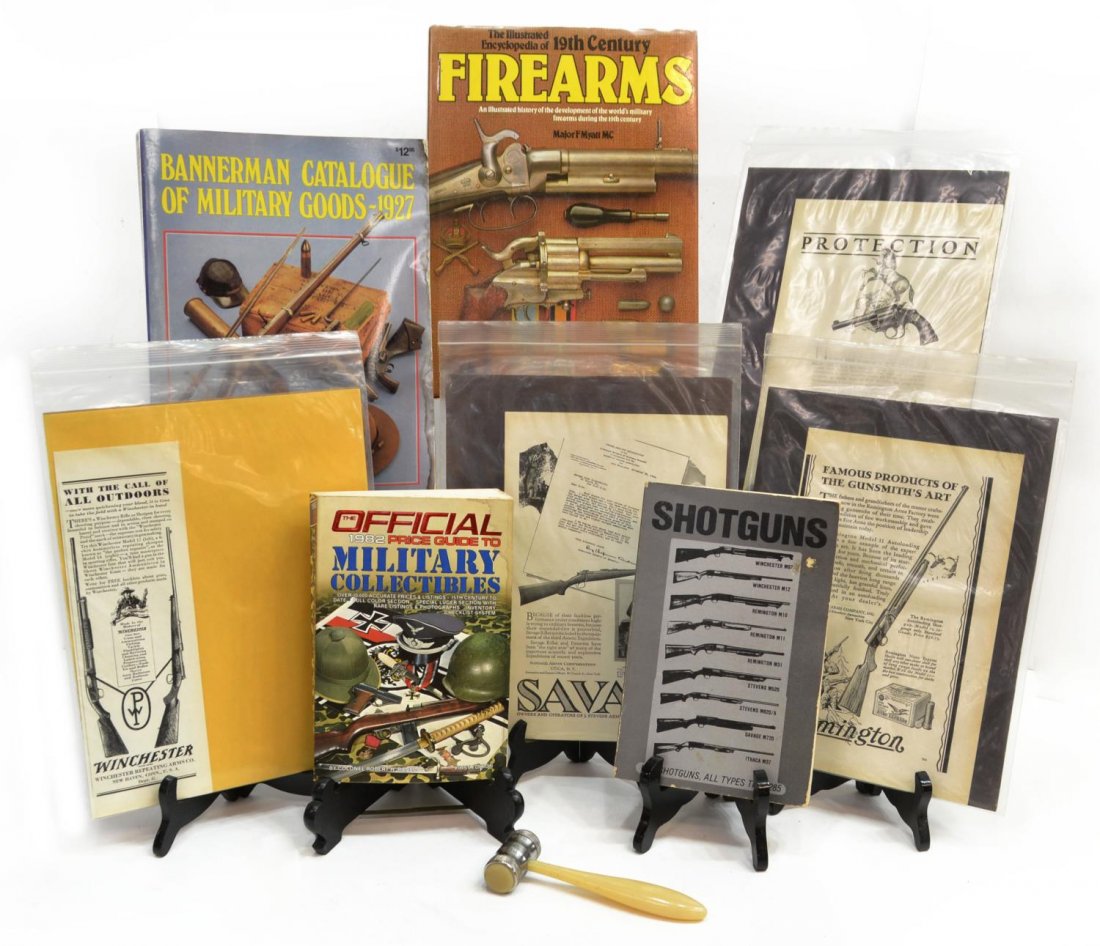 (9) FIREARM BOOKS, VINTAGE GUN ADS, GUNSMITH TOOL: (lot of 9) Firearm books, ads, gunsmith tool: (1) gunsmith nylon hammer, replaceable heads, 6"l; (4) 1920's magazine ads for firearms including Colt's Police Positive revolver, Remington Model 11 shot
