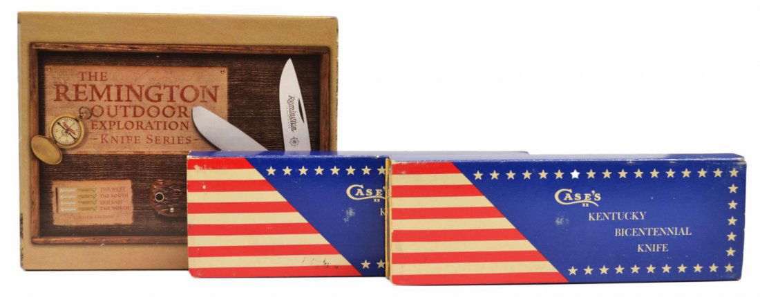 (3) CASE & REMINGTON KNIVES, LIMITED EDITION, NIB: (lot of 3) Collector knives, all new in factory boxes: (1) Case's Kentucky Bicentennial Knife, green handle, model G137; (1) Case's Kentucky Bicentennial Knife, wood handle, model P137 SS; (1) Remingt