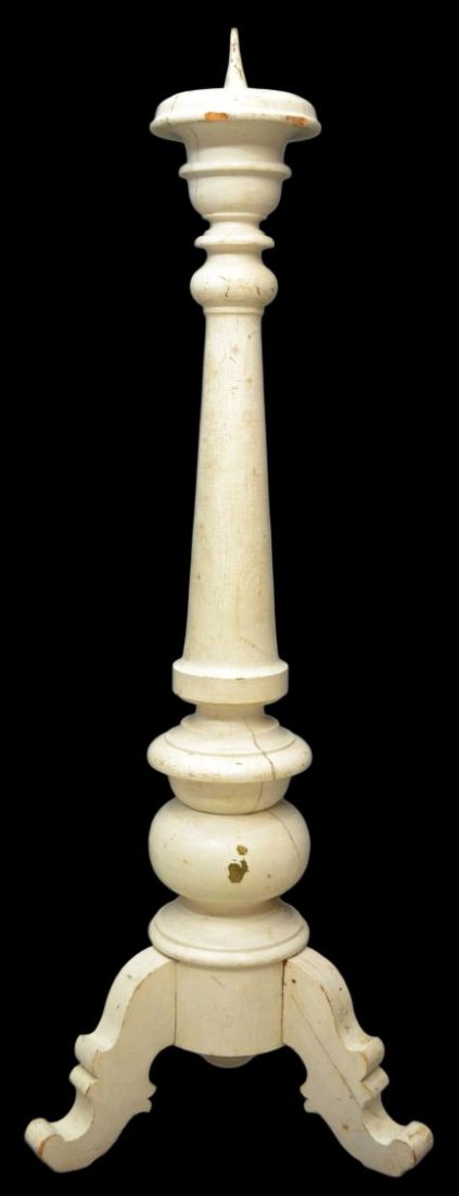 ANTIQUE FRENCH CARVED WOOD CANDLE PRICKET, 75"H: Substantial French church light carved as candle pricket, early 20th c., turned standard on scrolled supports, wear and cracklure to white paint with age, splits, approx 75”h Start Price: $80.00