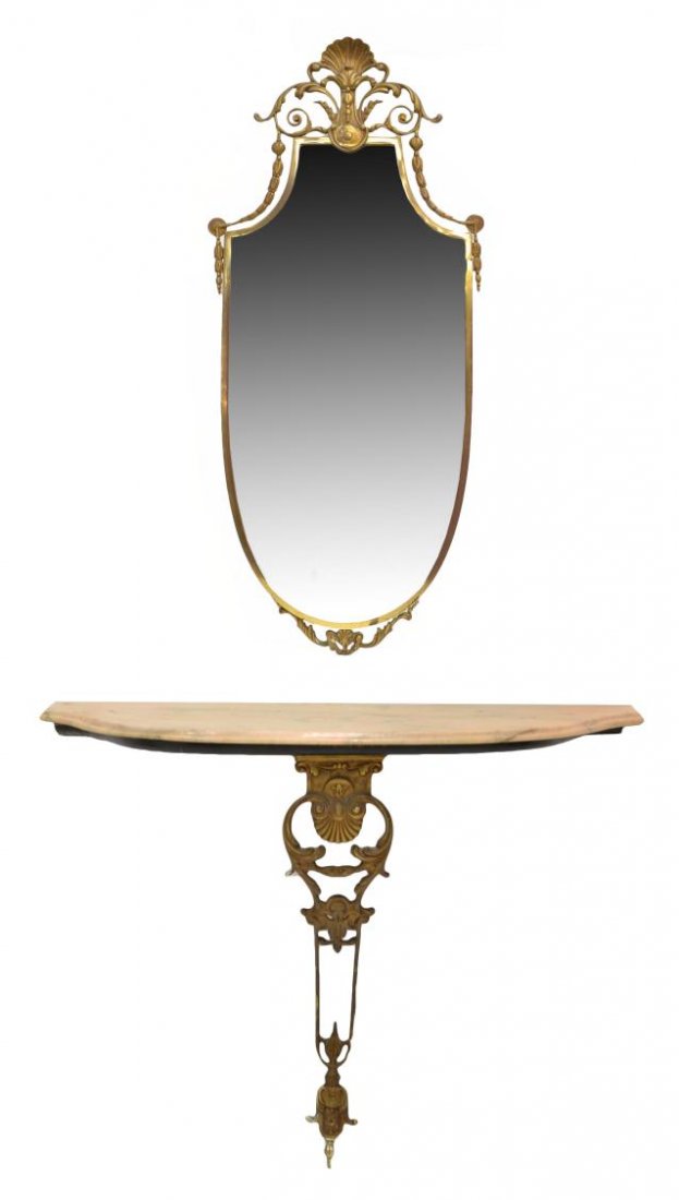 GILT BRASS WALL MIRROR & MARBLE TOP CONSOLE TABLE: Diminutive mirror and console table, 20th c., the mirror having a gilt brass frame with shell form crest above floral pendants and scrolls, central beveled plate, matching wall console table of d-form