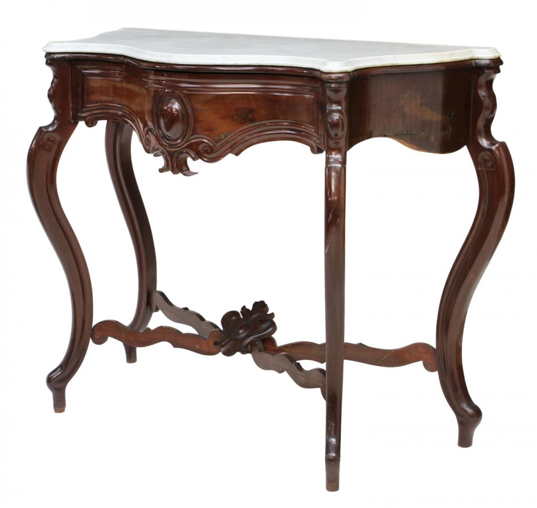 LOUIS XV STYLE MARBLE TOP MAHOGANY CONSOLE TABLE: Louis XV style marble top console table, Barcelona, 19th c., white shaped marble over a single drawer, cabriolet legs joined by stretchers with floral embellishment, finish on either side as pictured,