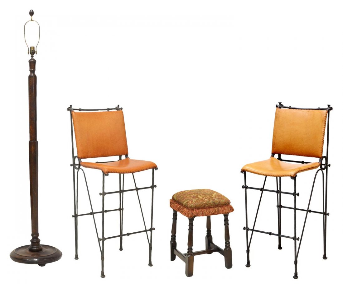 ASSORTED FURNITURE, BARSTOOLS, FLOOR LAMP, STOOL: (lot of 4) Assorted furniture group: (1) English oak standing floor lamp having cylindrical and paneled standard on a circular base, base: 60”h; (2) iron barstool, stitched leather back and seat wit