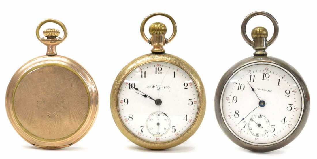 (3) ELGIN & WALTHAM POCKET WATCHES: (lot of 3) American pocket watches: (1) Elgin, engraved worn gold fill case, SN 10939845 (mfg. 1903),operating, crazed porcelain dial, chips and second hand sub dial; (1) Elgin gold filled hunter case