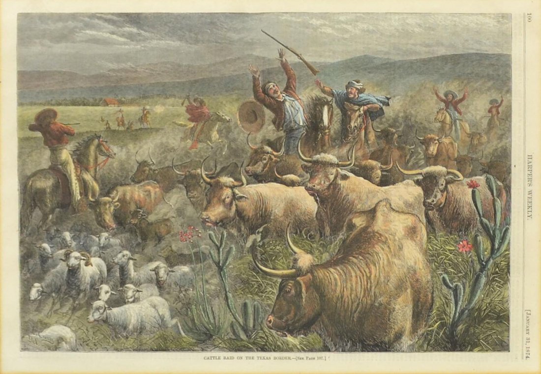 1874 HARPERS WEEKLY ENGRAVING, CATTLE RAID, TEXAS: Framed Harpers Weekly page, a color engraving, 'Cattle Raid on the Texas Border', print signed lower left W.M. Cary Del (William De La Montagne Cary, American, 1840-1922), page dated January 31, 1874,