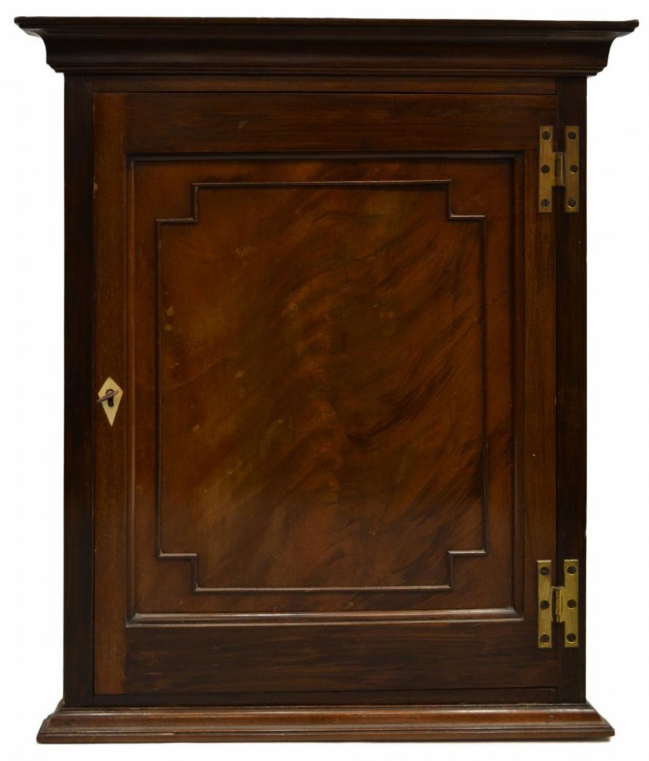 DIMINUTIVE ENGLISH HANGING CORNER CABINET, 19TH C.: Diminutive English hanging corner cupboard, 19th c., single door with diamond form escutcheon, opening to interior single shelf, restorations, later hinges 24.25"h, 20"w, 1.5"d, 11.5lbs Start Price: $