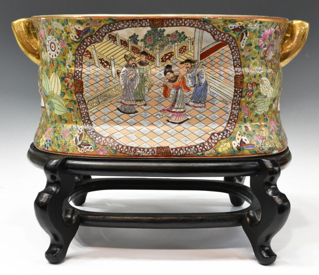 LARGE CHINESE ENAMELED HANDLED PORCELAIN BASIN