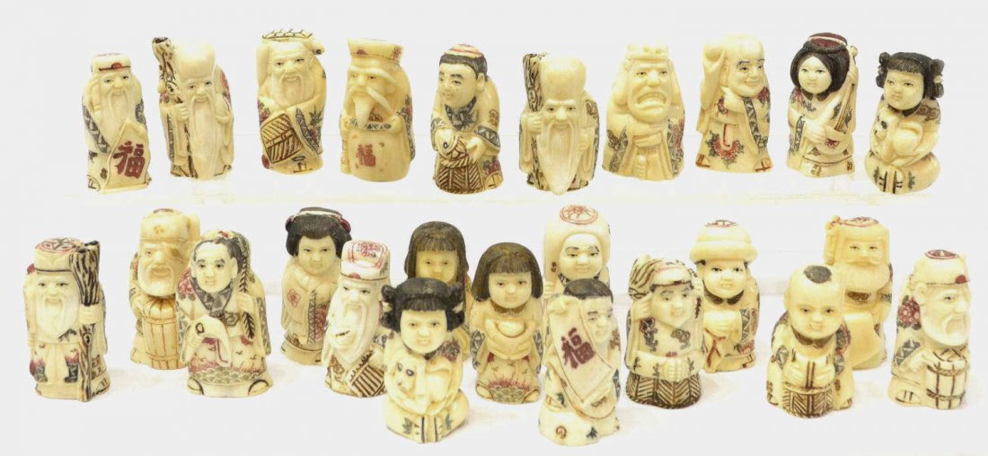 (25) LARGE GROUP BONE NETSUKE FIGURES: (lot of 25) Large collection of Asian carved bone figural netsukes modeled as males and females clad in polychrome patterned robes, marks as pictured, smallest: 2"h, largest: 2.25"h, 1.75lbs total Sta