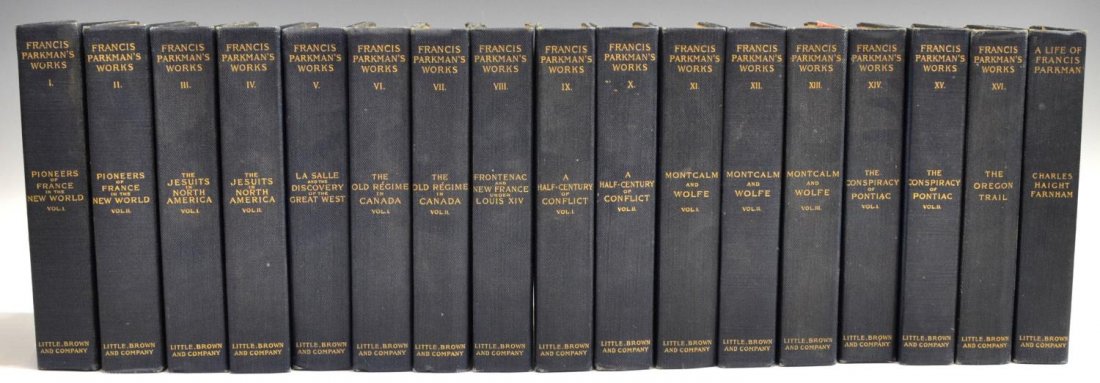 (17) FRANCIS PARKMAN'S WORKS, AMERICAN HISTORY: (lot of 17) Francis Parkman's Works, 17 volumes, Boston, Little, Brown, and Company, 1902, early American history, 8.5"h, 5.75"w, 1.5"d, total: 31lbs ****Provenance: Estate of Charles M. Robinson III 