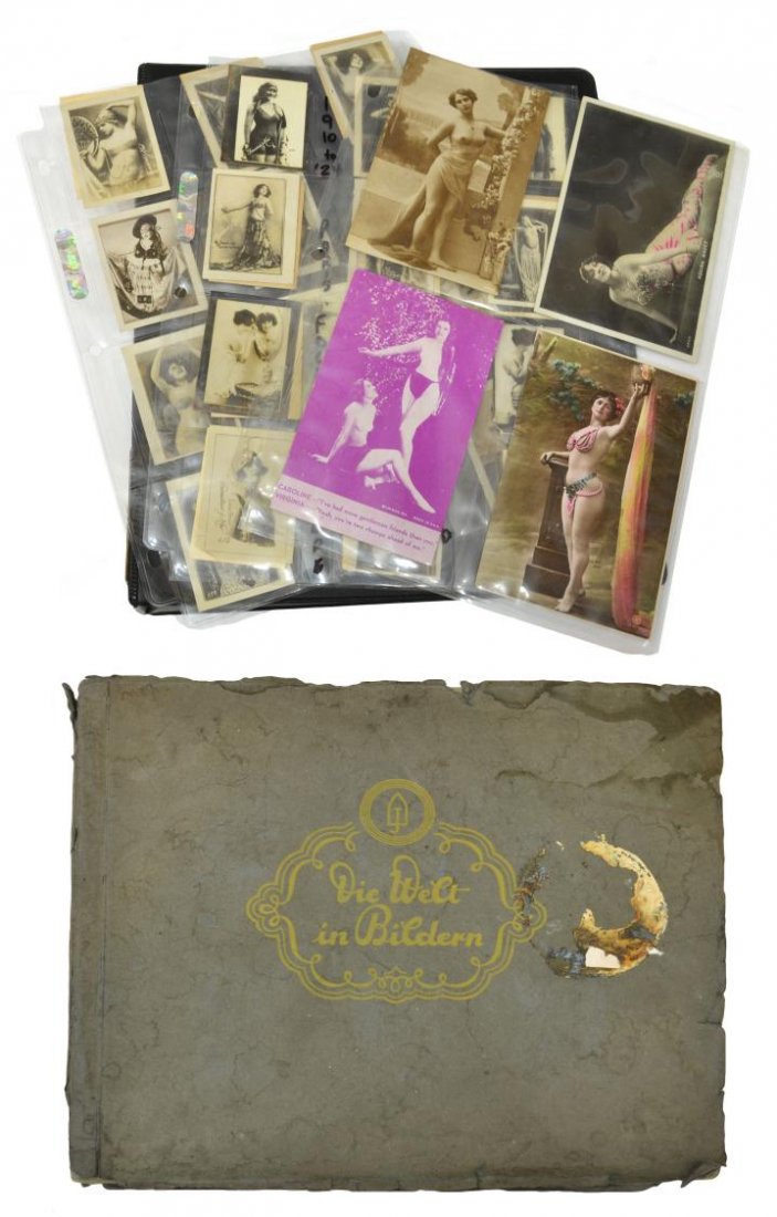 CUBAN & GERMAN CIGARETTE CARDS, SEMI-NUDE: (lot of 37) Cuban cigarette picture cards, including girls from the Paris Follies,c. 1925 offered as premiums with Trinidad y Hno cigarettes; (6) postcard size semi nude women, New York and Paris; tog