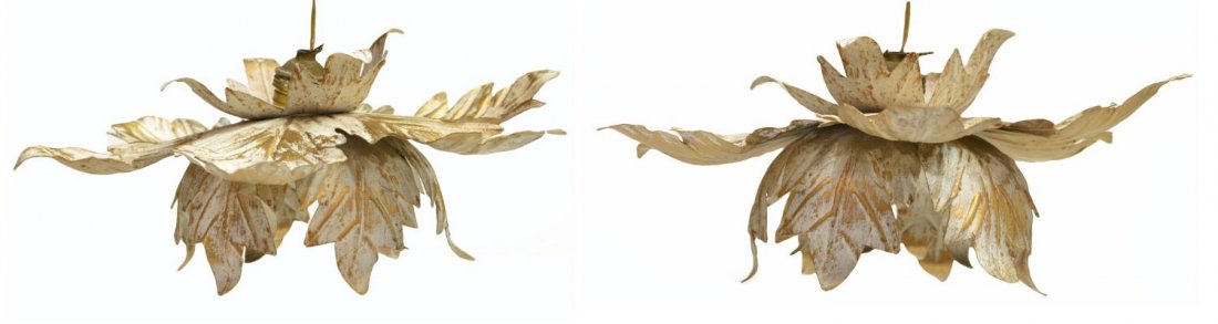 (PAIR) HANGING FLORIFORM PARCEL GILT METAL LIGHTS: (pair) Italian ceiling lights having parcel gilt leaves budding upwards and outwards, in need of wiring, approx 5.5"h, 15.5"w/d, 3lbs total Start Price: $50.00