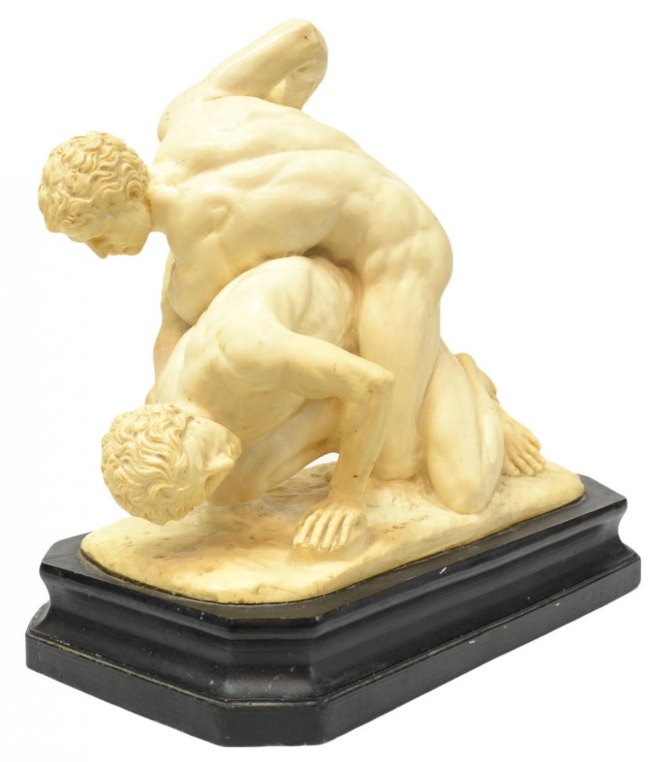 ITALIAN FIGURAL GROUP, THE WRESTLERS, A. SANTINI: Italian composition statue, 'The Wrestlers' (also known as 'The Pancrastinae'), signed A Santini (Amiloare Santini, Italian, 1910-1975), a copy of the Roman marble sculpture now in the Uffizi Gallery